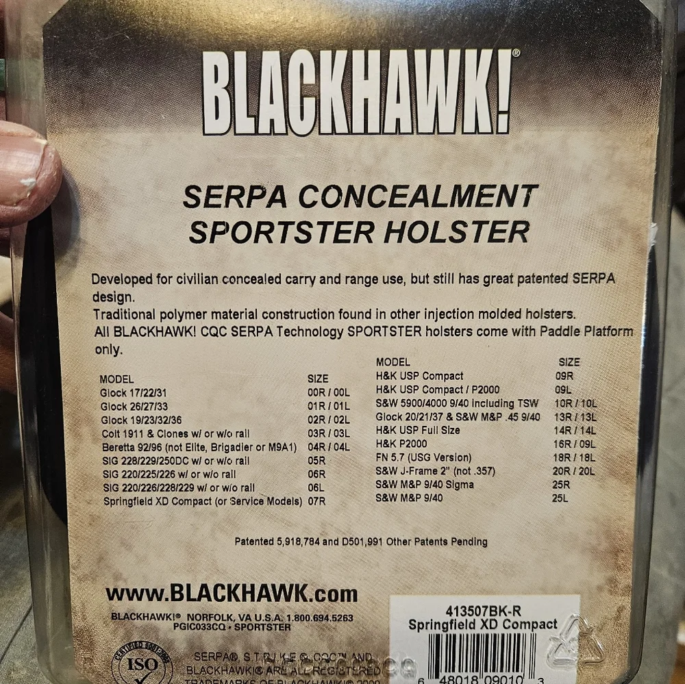 NIP Black Hawk Paddle Holster For Springfield XD